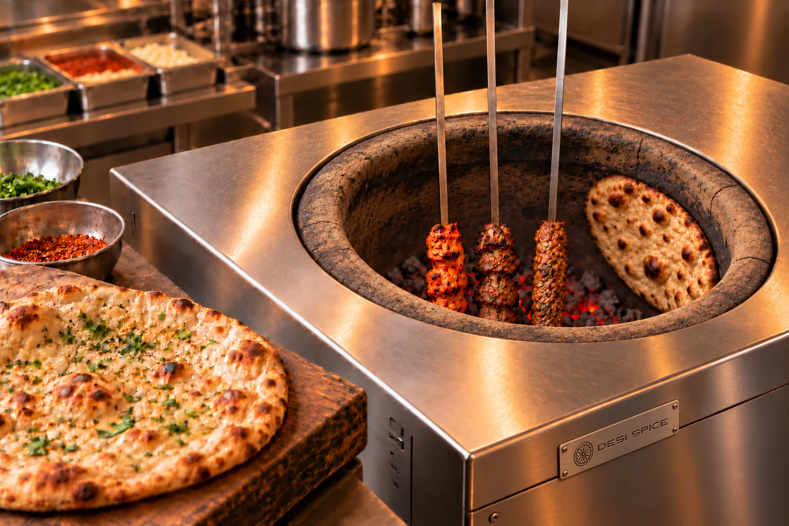 Chicken tikka, lamb tikka and seekh kebab on upright skewers with naan baking inside a steel tandoor