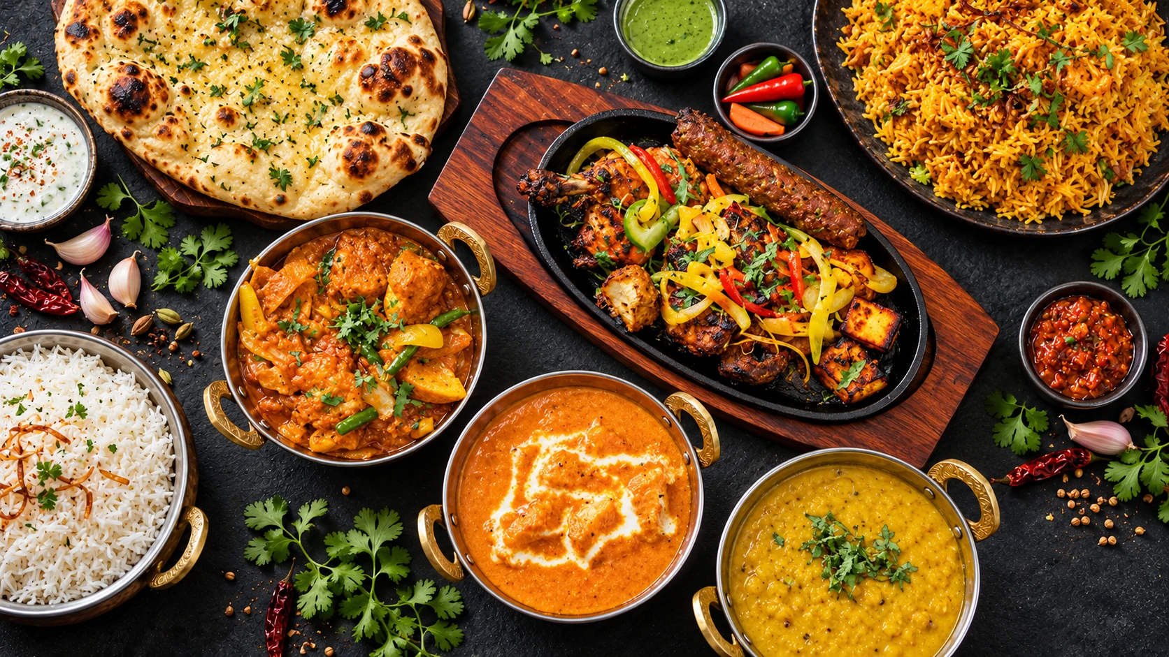 A Hutton Spice meal with curries, tandoori food, rice and naan